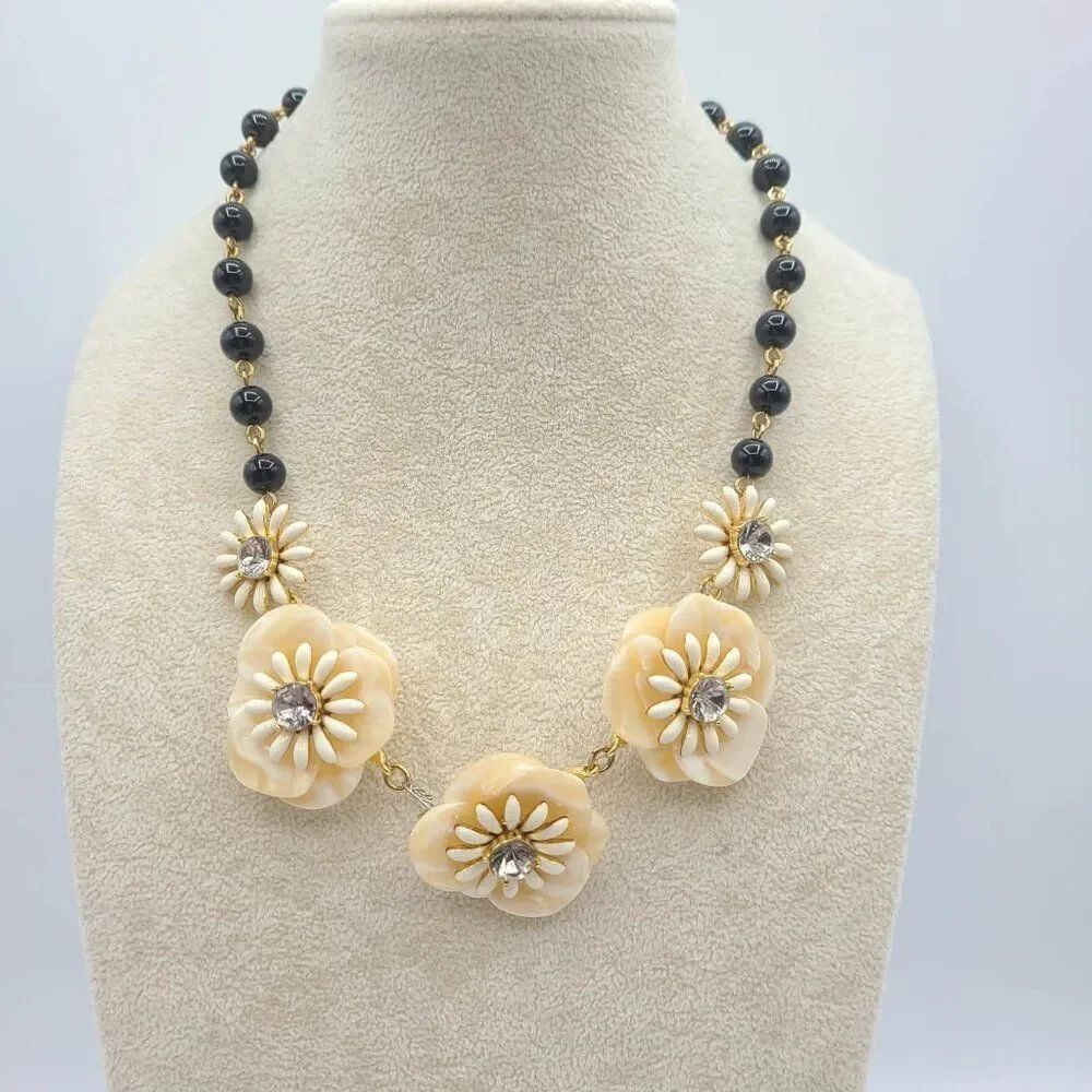 Talbots Black Bead Flower Necklace with Crystals NWOT! - Picture 11 of 11